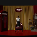 Singapore Themed Photo Spot With Red Telephone Booth Vintage Clock Stacked Boxes And Yellow Red Curtains