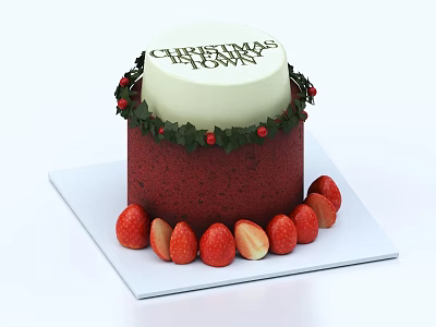Christmas Dawn Cake With White Top Red Body Green Wreath Red Berries And Fresh Strawberries 3d model