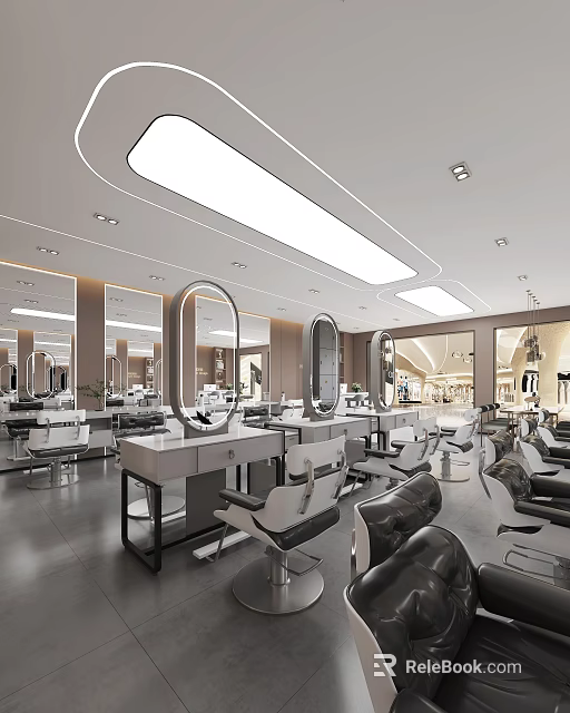 Modern Hair Salon Interior With Styling Chairs Round Mirrors Workstations And Bright Lighting 3d model 