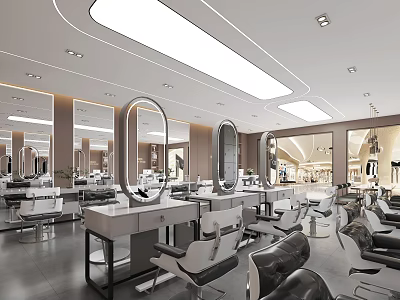 Modern Hair Salon Interior With Styling Chairs Round Mirrors Workstations And Bright Lighting 3d model