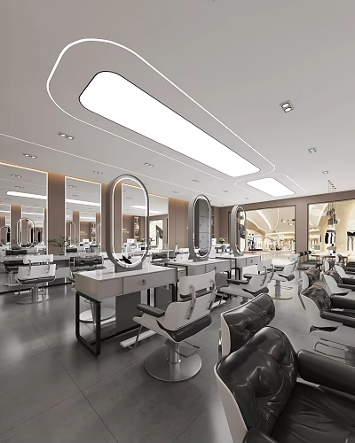 Modern Hair Salon Interior With Styling Chairs Round Mirrors Workstations And Bright Lighting 3d model