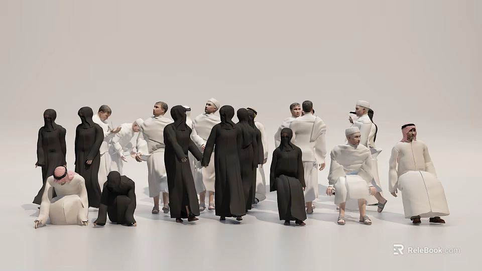 Group of People in Traditional Black and White Robes Interacting Gathered Together 3d model 