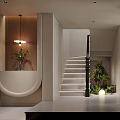 Modern Living Room With Arched Window Beige Wall Striped Armchair Fireplace And Bookshelves