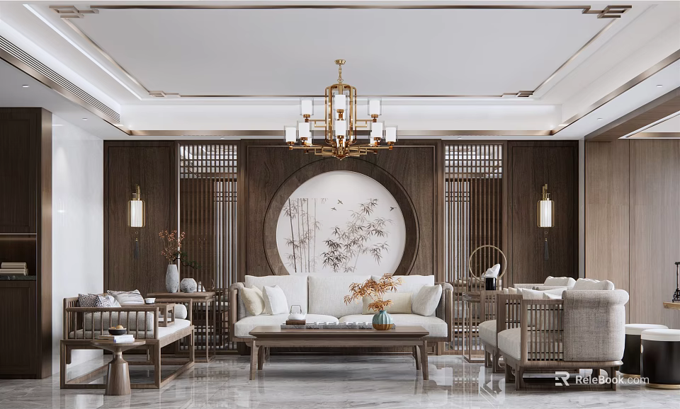 Traditional Chinese Living Room Interior With Wooden Decor Circular Painting Sofa And Chandelier 3d model 