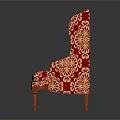 Classic Single Sofa With Red Upholstery Gold Floral Pattern And Wooden Legs