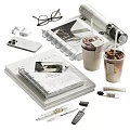 Modern Decorative Ornament Set with Iced Drink Cup Paper Notebook Stationery and Vintage Camera