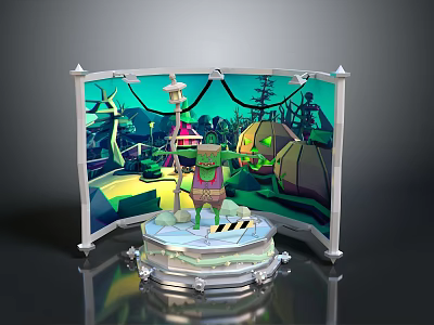 Green Cartoon Game Character on Platform with Tent Street Lamp and Trees in Colorful Scene 3d model
