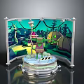 Green Cartoon Game Character on Platform with Tent Street Lamp and Trees in Colorful Scene