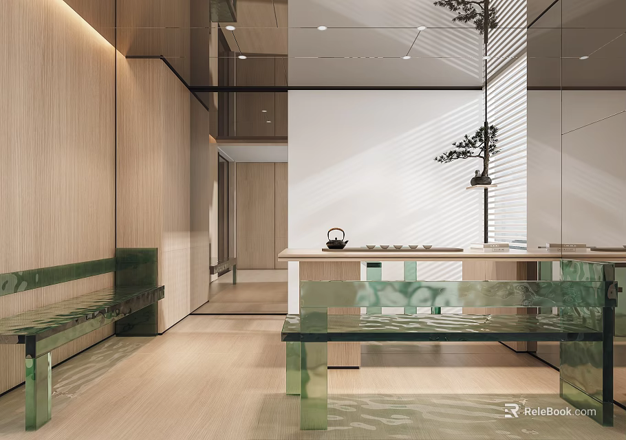 Modern Open Tea Room with Wooden Walls Glass Furniture Green Plant Decoration and Minimalist Design 3d model 
