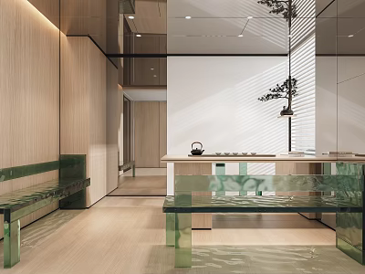 Modern Open Tea Room with Wooden Walls Glass Furniture Green Plant Decoration and Minimalist Design 3d model