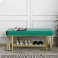 Colorful Sofa Bench With Golden Metal Frame Shoes Magazine And Green Plant Decor