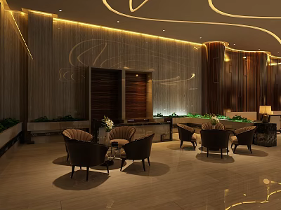 Modern Sales Office Interior Design With Comfortable Lounge Chairs Green Plants And Warm Lighting 3d model