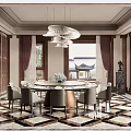 Luxurious Private Dining Room With Round Table Chandelier Curtains And Patterned Tiles 3d model