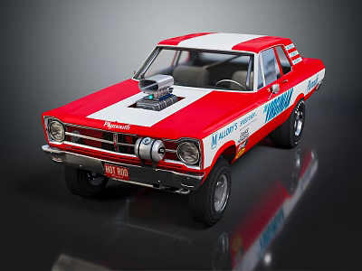 Vintage Red And White Modified Car With Exposed Engine Thornhill Graphics And V8 550 Plate 3d model