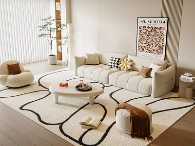 Modern Beige Sofa Round Coffee Table Set With Throw Pillows Wavy Rug And Living Room Plant 3d model
