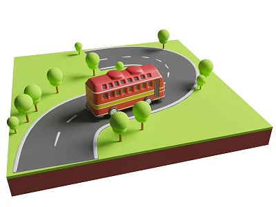Red Bus Traveling On Curved Road Surrounded By Green Grass And Trees 3d model