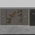 Modern Wall Sconces In Interior With Beige Cabinets Orange Leaf Pattern And Dark Gray Cabinet