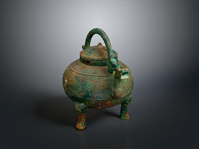 Ancient Bronze Sculpture With Lid Handle Three Legs And Green Patina Decorations 3d model