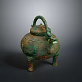 Ancient Bronze Sculpture With Lid Handle Three Legs And Green Patina Decorations