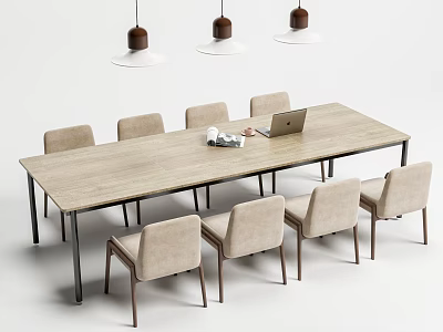 Minimalist Wooden Conference Table With Metal Legs Beige Chairs And Hanging Lamps 3d model