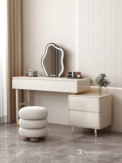 Modern White Dressing Table with Curved Mirror Stool Cosmetics and Potted Plant 3d model 