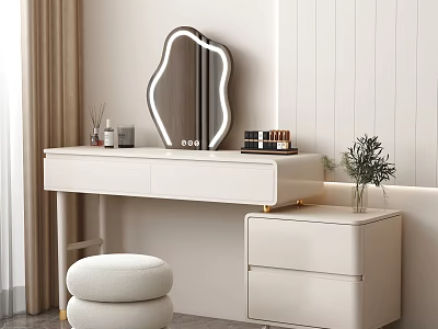 Modern White Dressing Table with Curved Mirror Stool Cosmetics and Potted Plant 3d model