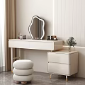 Modern White Dressing Table with Curved Mirror Stool Cosmetics and Potted Plant