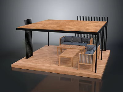 Modern Outdoor Wooden Gazebo With Sofa Coffee Table And Black Pillars 3d model
