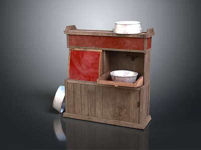Rustic Wooden Washbasin Cabinet With Red Panel And White Basin Storage Design 3d model