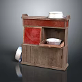 Rustic Wooden Washbasin Cabinet With Red Panel And White Basin Storage Design