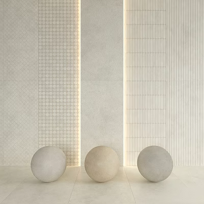 Three Circular Light Colored Components Against Modern Textured Wall With Grid And Linear Patterns 3d model