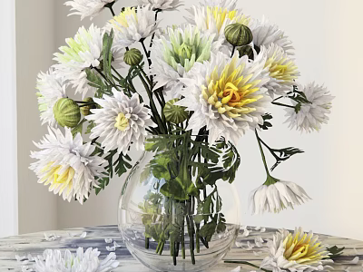 Clear Glass Vase With White And Yellow Chrysanthemums Scattered Petals On Wooden Table Top 3d model