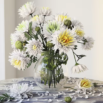 Clear Glass Vase With White And Yellow Chrysanthemums Scattered Petals On Wooden Table Top 3d model
