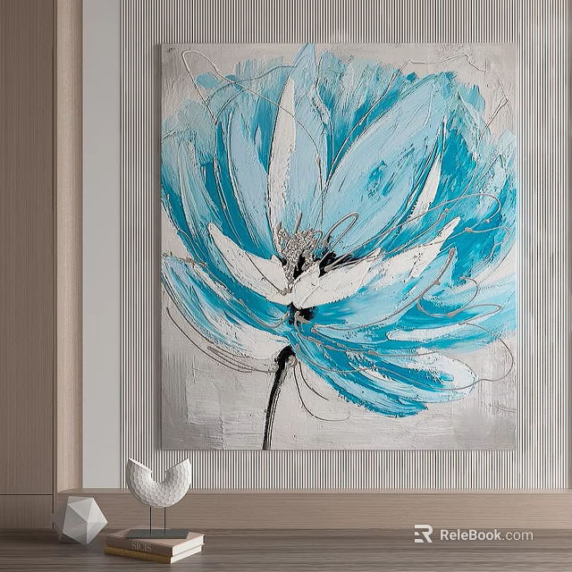 Abstract Blue and White Lotus Painting on Wall with White Decor Accent 3d model 
