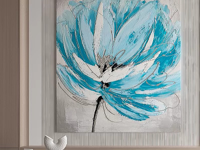 Abstract Blue and White Lotus Painting on Wall with White Decor Accent 3d model