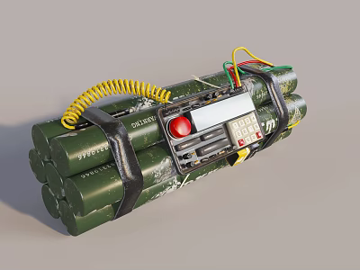Green Dynamite Weapon With Yellow Fuse Black Straps Timer Device Red Button And Digital 3d model