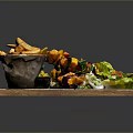 Delicious Food Platter with Crispy Fries Kebab Skewers Fresh Salad and Sauce on Wooden Tray