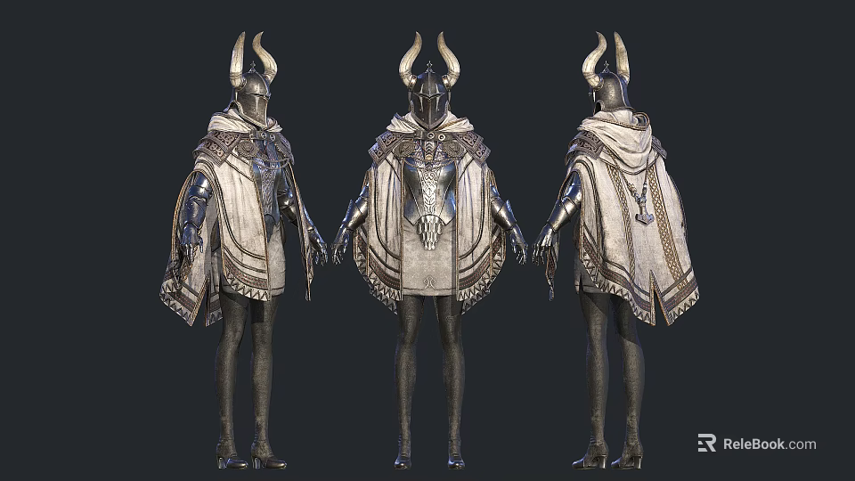 Women in Silver Armor with Horned Helmets and Cloaks Displayed in Three Angles 3d model