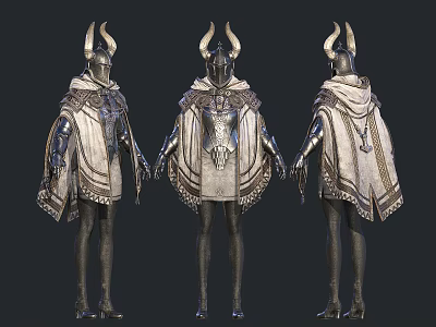 Women in Silver Armor with Horned Helmets and Cloaks Displayed in Three Angles 3d model