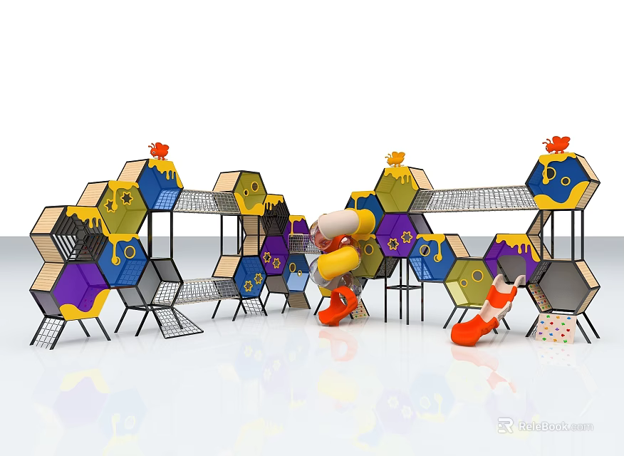Colorful Hexagonal Playground Equipment With Kids Playing Climbing Frames And Slides 3d model 