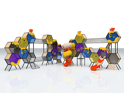 Colorful Hexagonal Playground Equipment With Kids Playing Climbing Frames And Slides 3d model