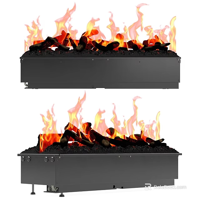 Modern Black Fireplace With Realistic Burning Flame And Log Display Design 3d model 