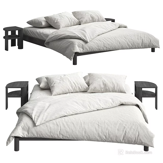 Minimalist Double Bed Frame With Light Colored Bedding And Wooden Bedside Tables 3d model 