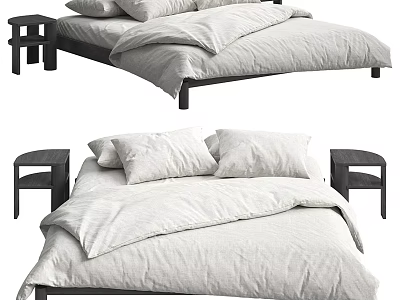Minimalist Double Bed Frame With Light Colored Bedding And Wooden Bedside Tables 3d model