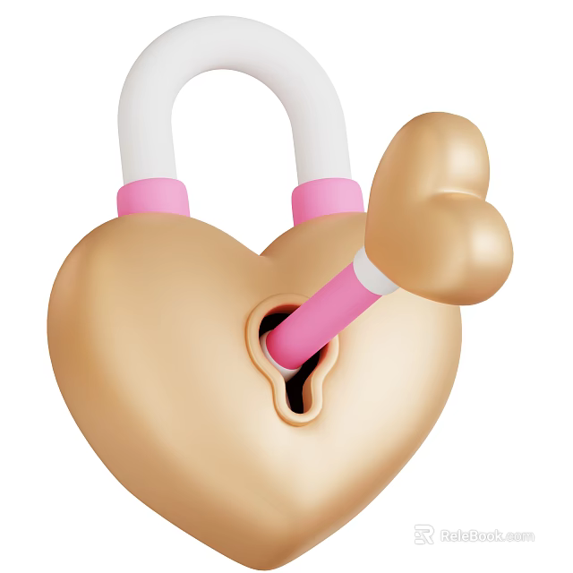 Industrial Heart Shaped Lock with Golden White Shackle Pink Accents and Heart Key in Keyhole 3d model 