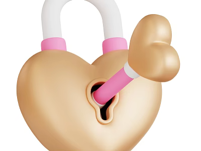 Industrial Heart Shaped Lock with Golden White Shackle Pink Accents and Heart Key in Keyhole 3d model