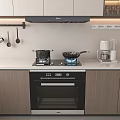 Modern Kitchen Cooking Utensils With Gas Stove Pots Coffee Maker And Wooden Cabinets