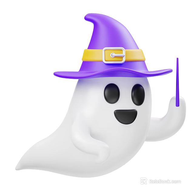 Cute Halloween Decorative Ornament Set With Smiling Ghost Purple Witch Hat And Purple Wand 3d model 