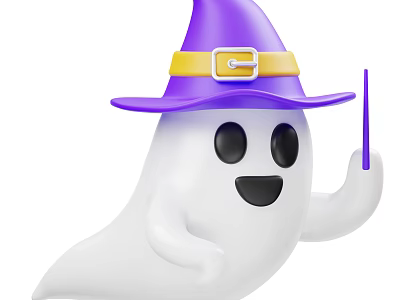 Cute Halloween Decorative Ornament Set With Smiling Ghost Purple Witch Hat And Purple Wand 3d model