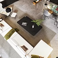 Modern Office Interior With Black Desk Gray Chairs Green Plants Floor Lamp And Marble Decor